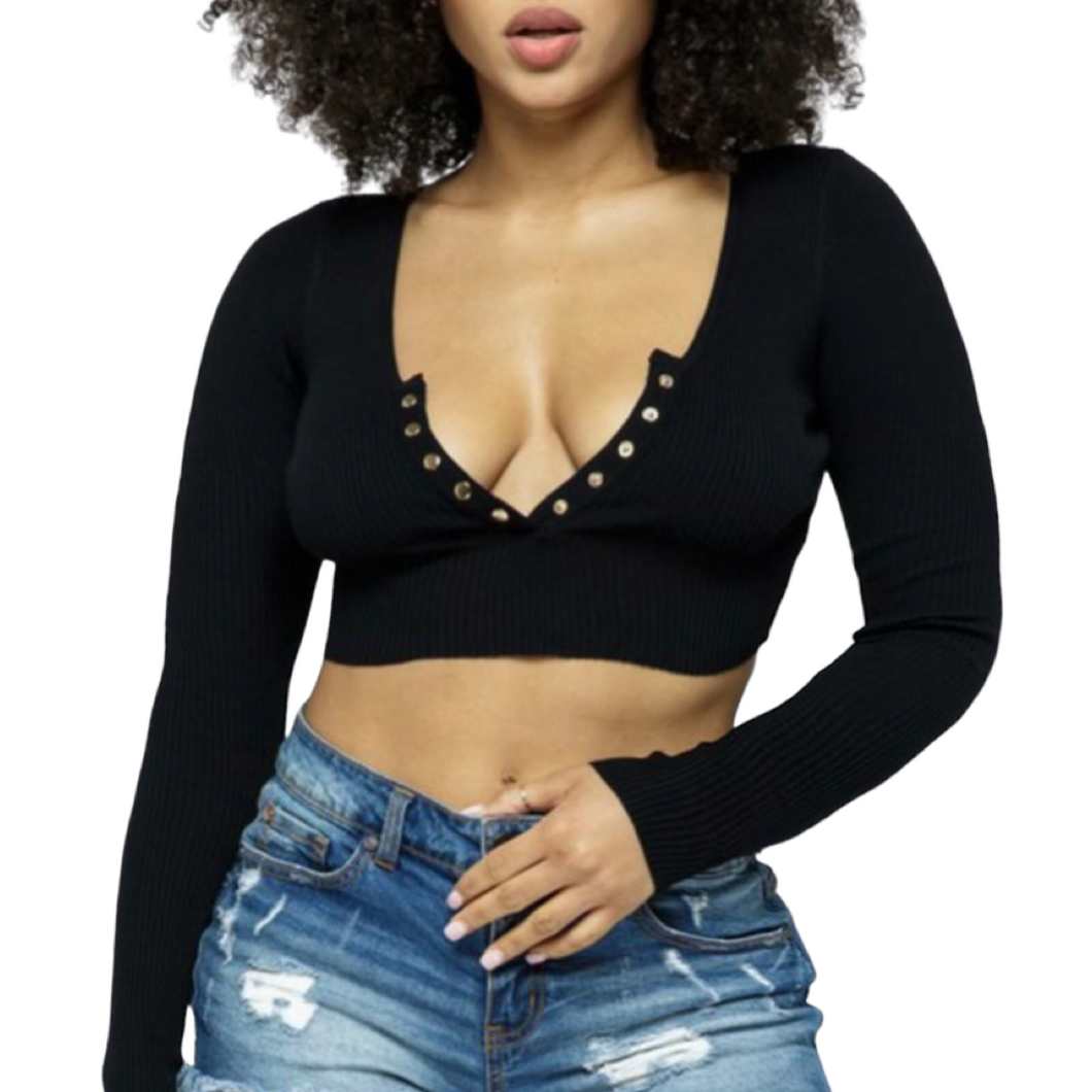 Melani Long Sleeve Crop Top - Black (Plus Size)